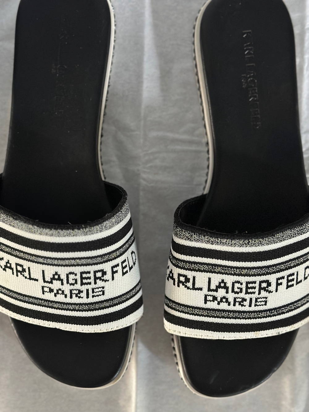 Karl Lagerfeld Black and White Logo Strap Slide Sandals